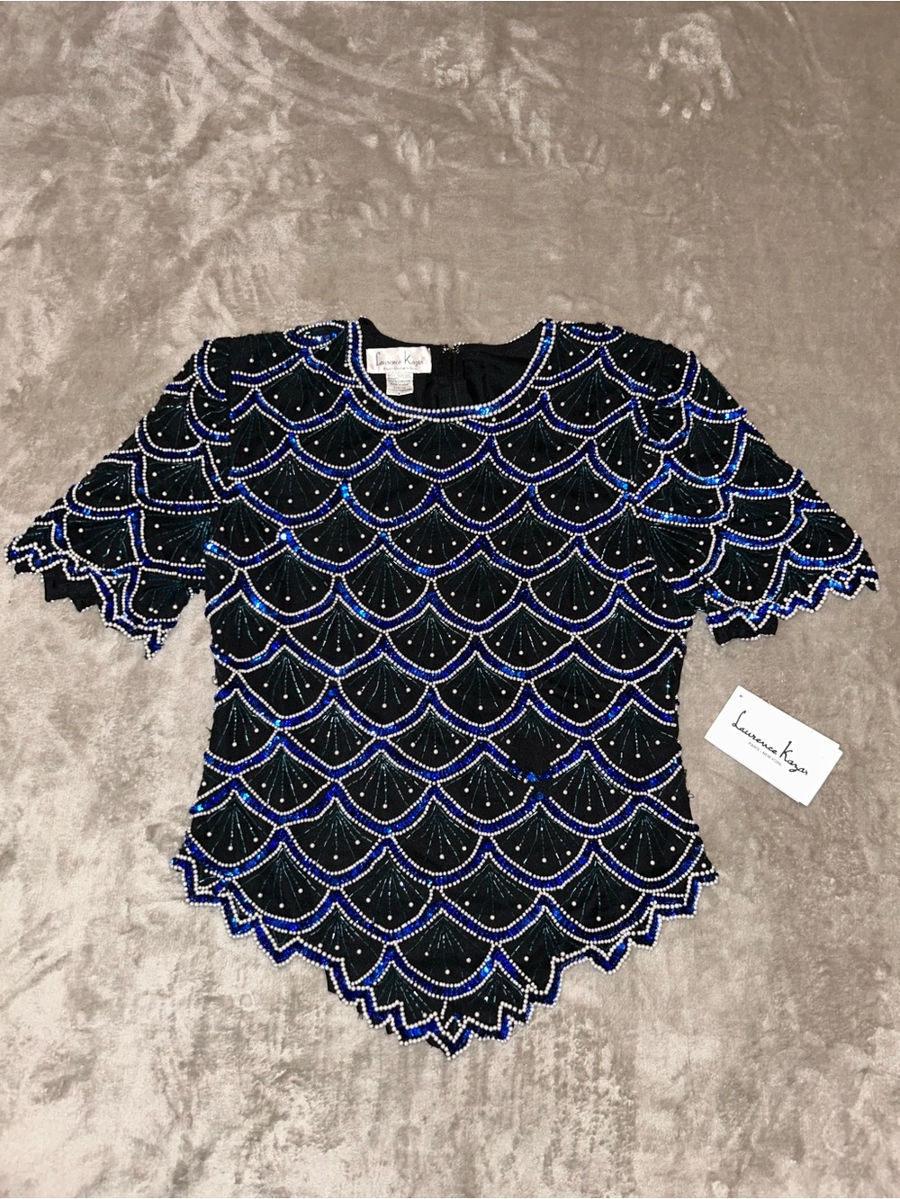 NWT Vintage Laurence Kazar Black/Blue Beaded Scallop-Edge Top Size L